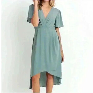 Jodifl Boutique vintage style sage teal blue green wrap dress midi